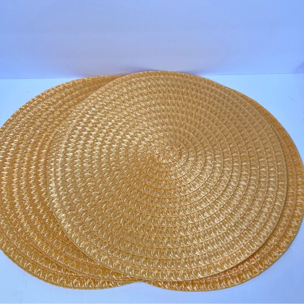 4 Four Orange Round Woven Placemats 14” EUC